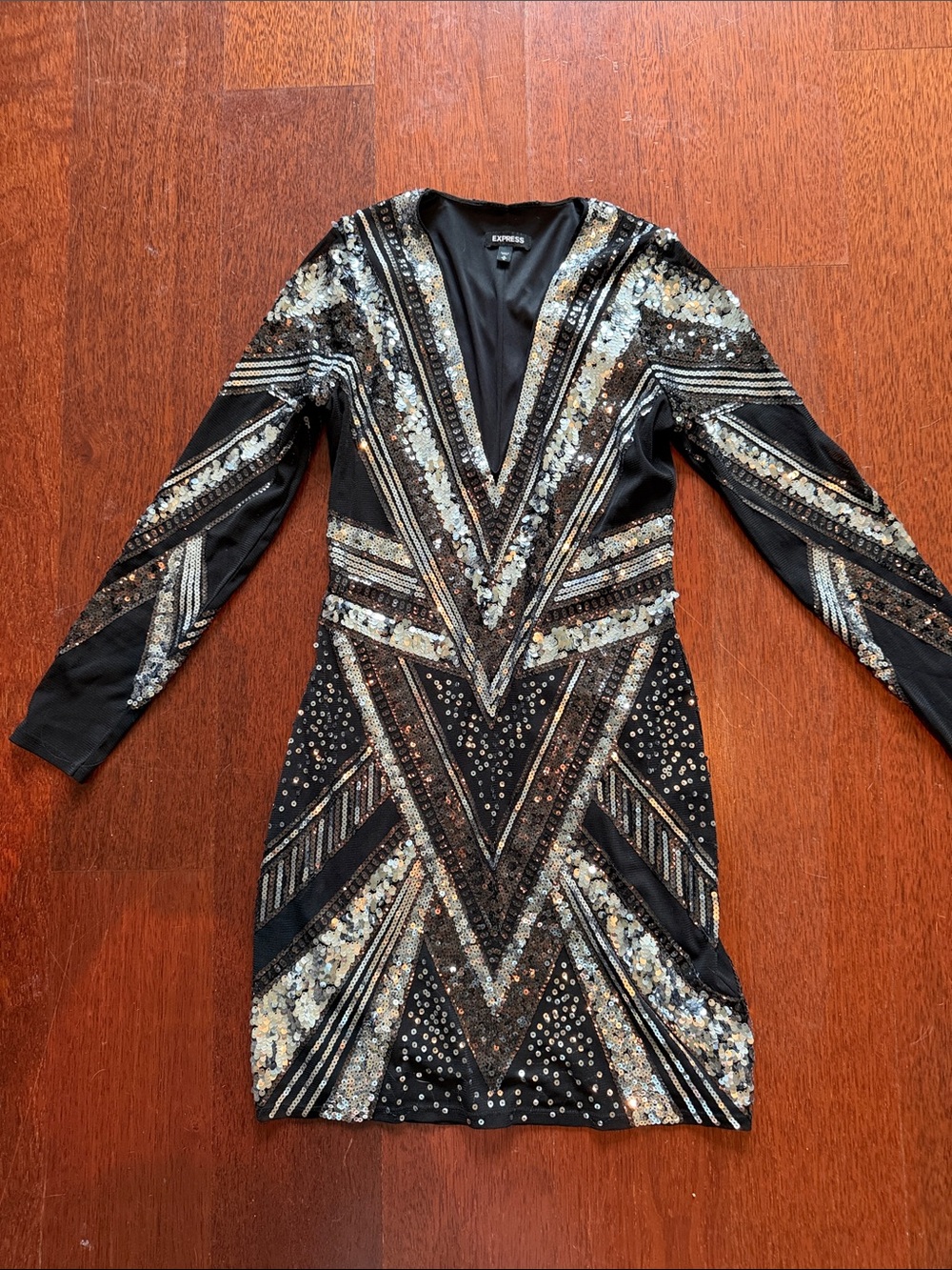 Express Black Sequined Geometric Long Sleeve Bodycon Dress